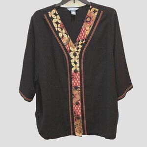 New Koret 2X Black Flowers 3/4 Sleeve Button Up V Neck Tunic Top Blouse Shirt